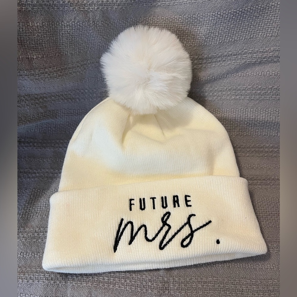 Bridal White Pom-Pom Beanie for Future Mrs